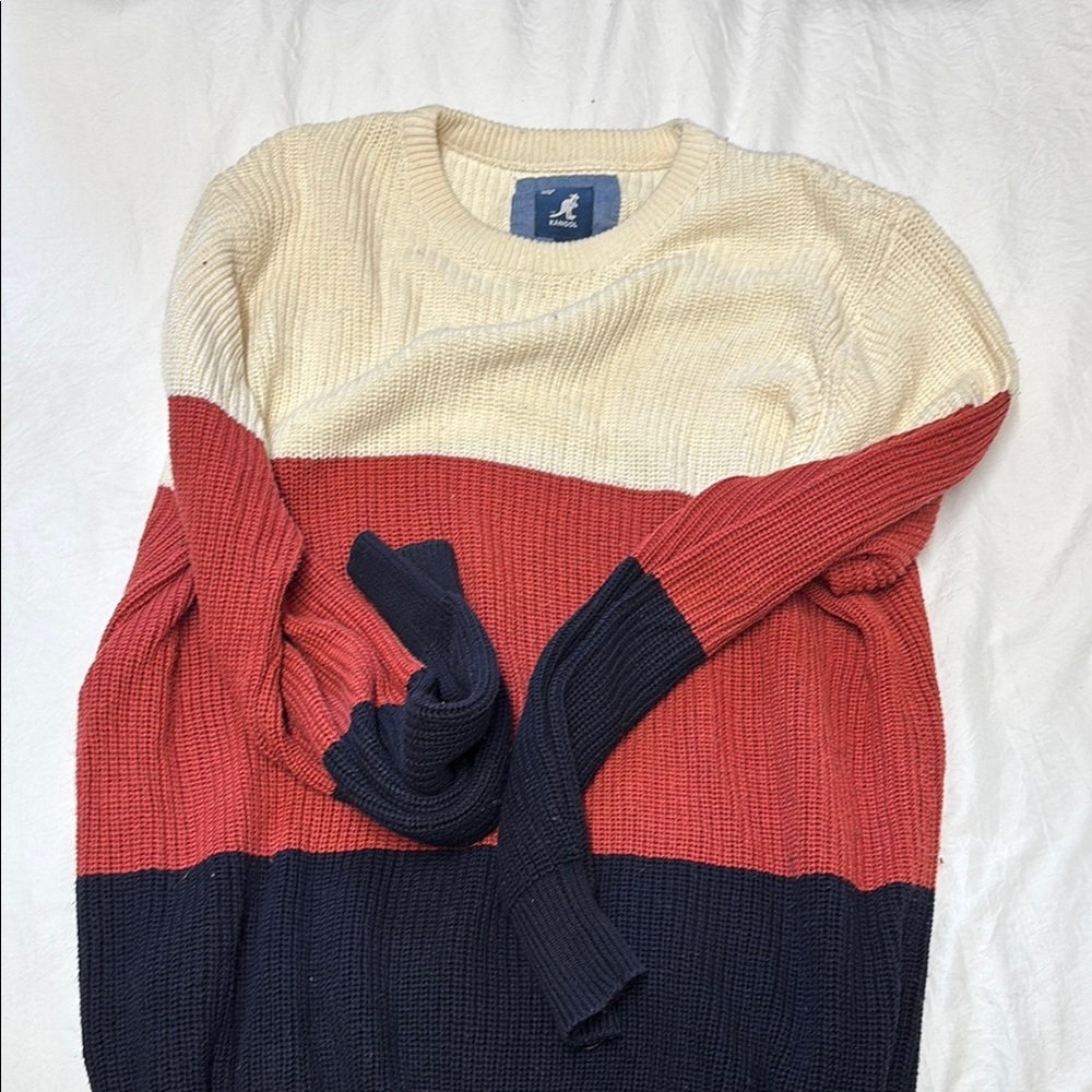 Kangol Cream and Red Cardigan Sweater with Ribbed Texture